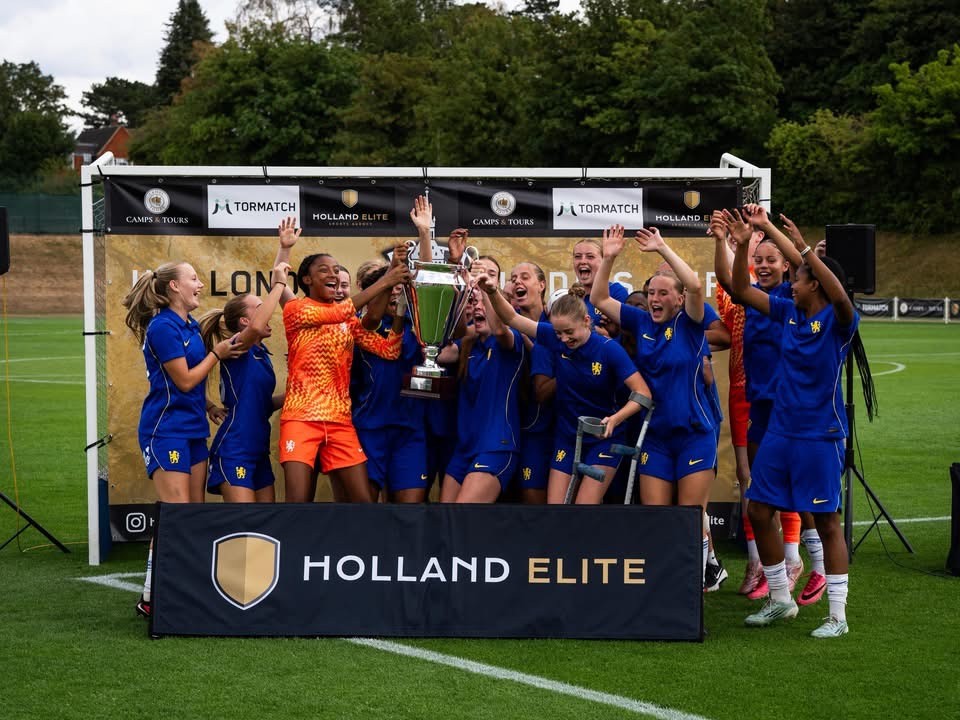 Chelsea FC lift the trophy at the London Ladies Cup 2026, Epsom College